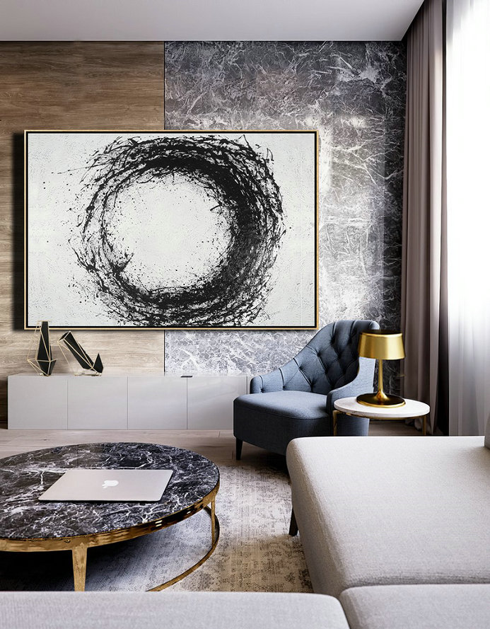 Artwork For Sale,Oversized Horizontal Minimalist Drip Painting On Canvas, Black And White - Textured Painting Canvas Art